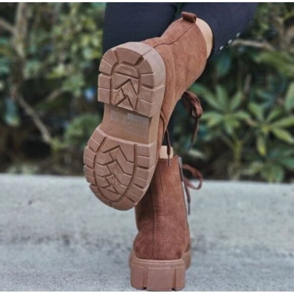 Womens Suede Brown Combat Ankle Boots Lace Up Heeled - Picture 3 of 6